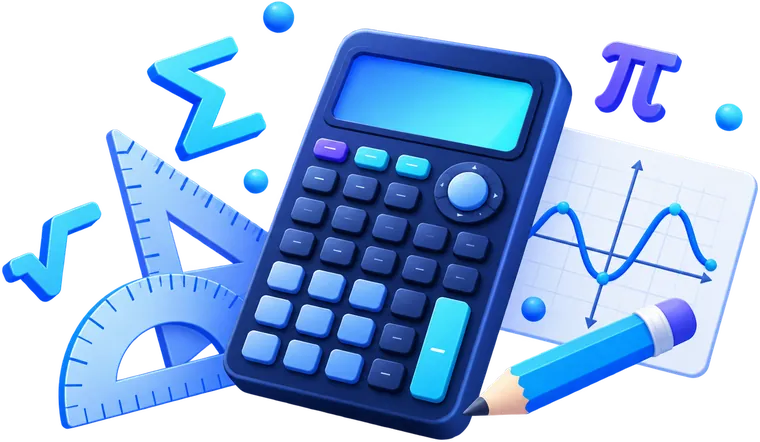 Illustration of a scientific calculator with a ruler, protractor and graph